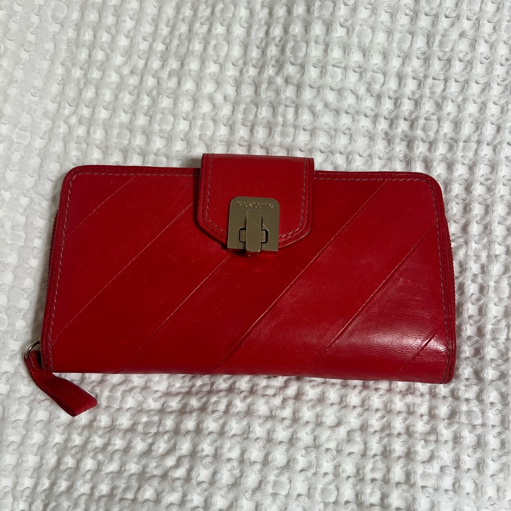 Liz Claiborne Red Leather Zip-Around Wallet with Turn-Lock